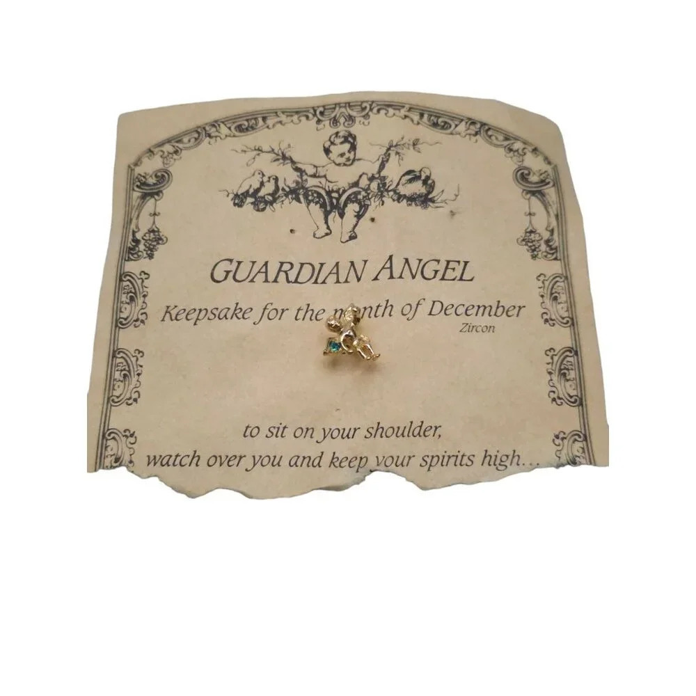 Guardian Angel Trinkets Blue Topaz Stone December Brooch Pin Gold Tone Vintage